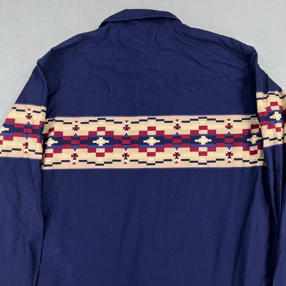 Express Rider Mens XL Navy Blue Southwestern Aztec Print Western Snap Shirt 90s - Picture 9 of 11